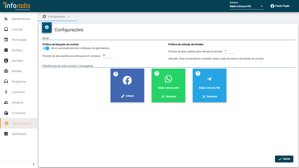 Tela de Configurações da emissora do InfoRadio Gestão de Ouvintes